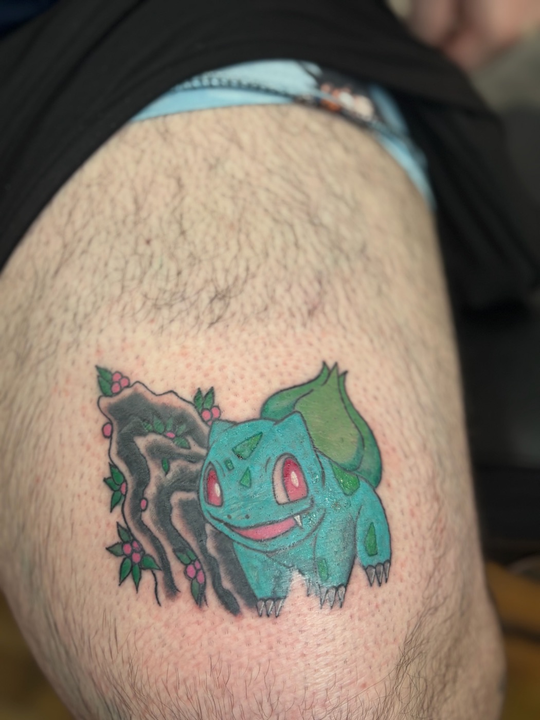 Bulbasaur Pokemon color tattoo by Caitlyn Barbosa