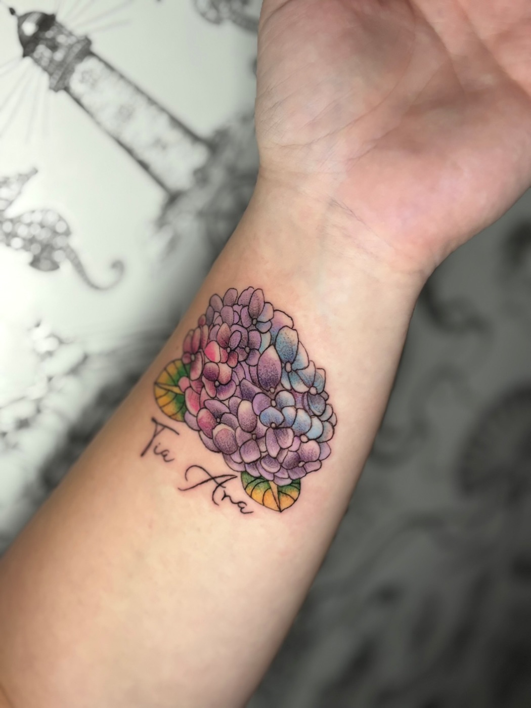 Hydrangea flowers color tattoo by Caitlyn Barbosa