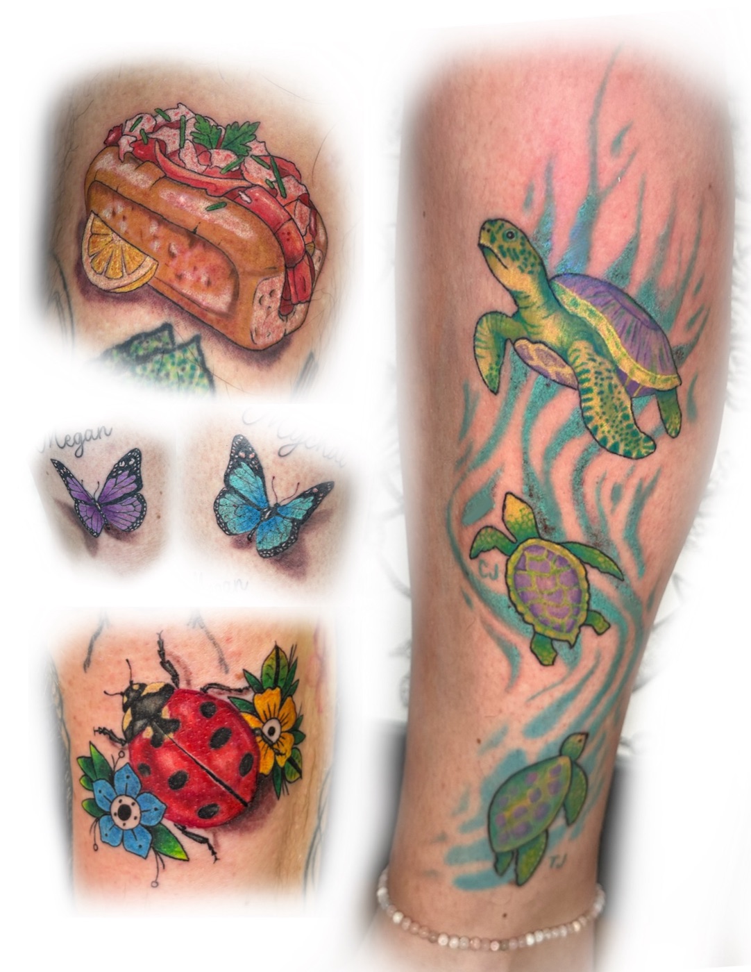 Sea turtle and butterfly color collage tattoo by Hanna McCoy