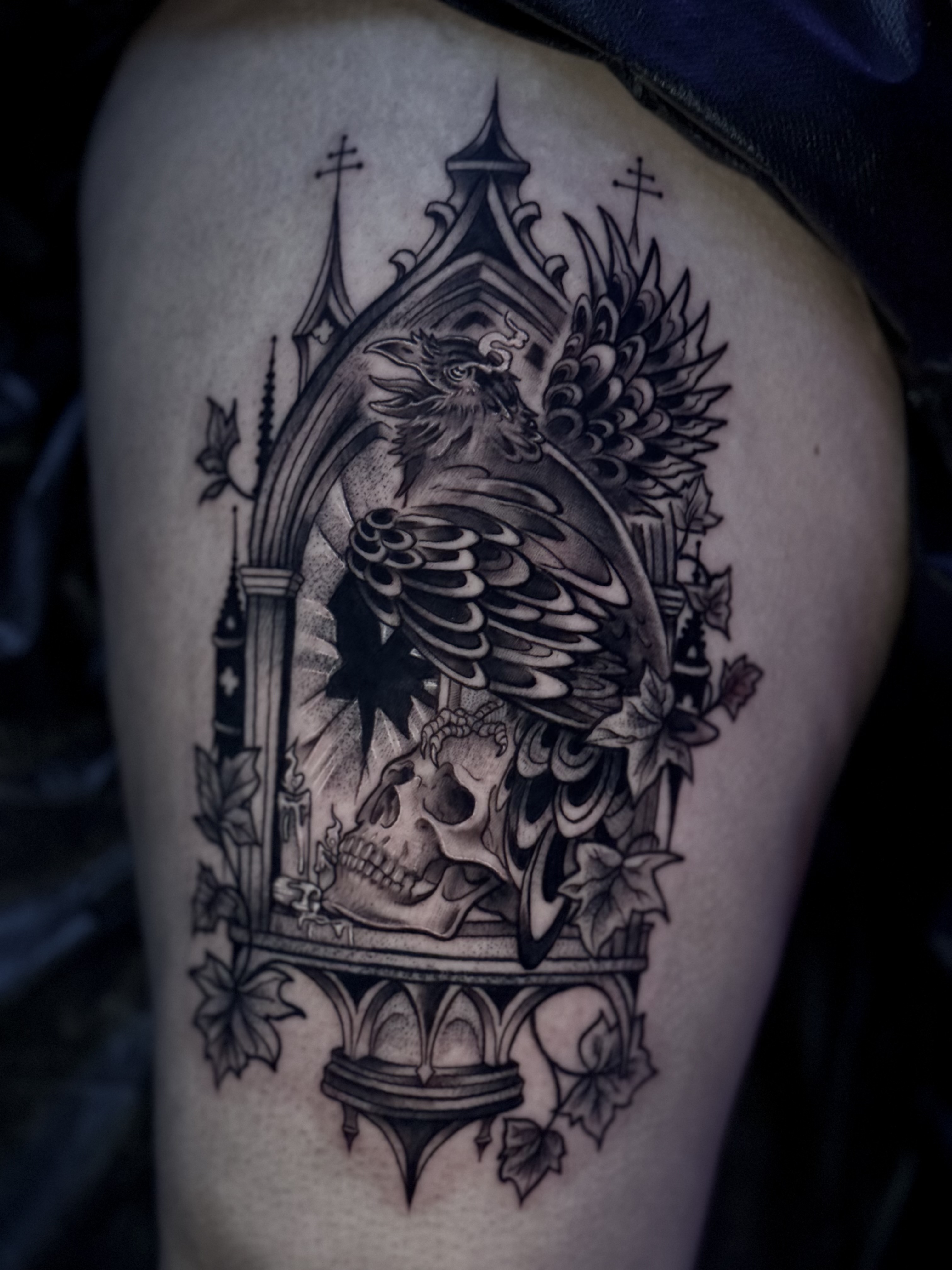 Gothic cathedral with crow and skull tattoo by Julia Harley at Whaling City Tattoo