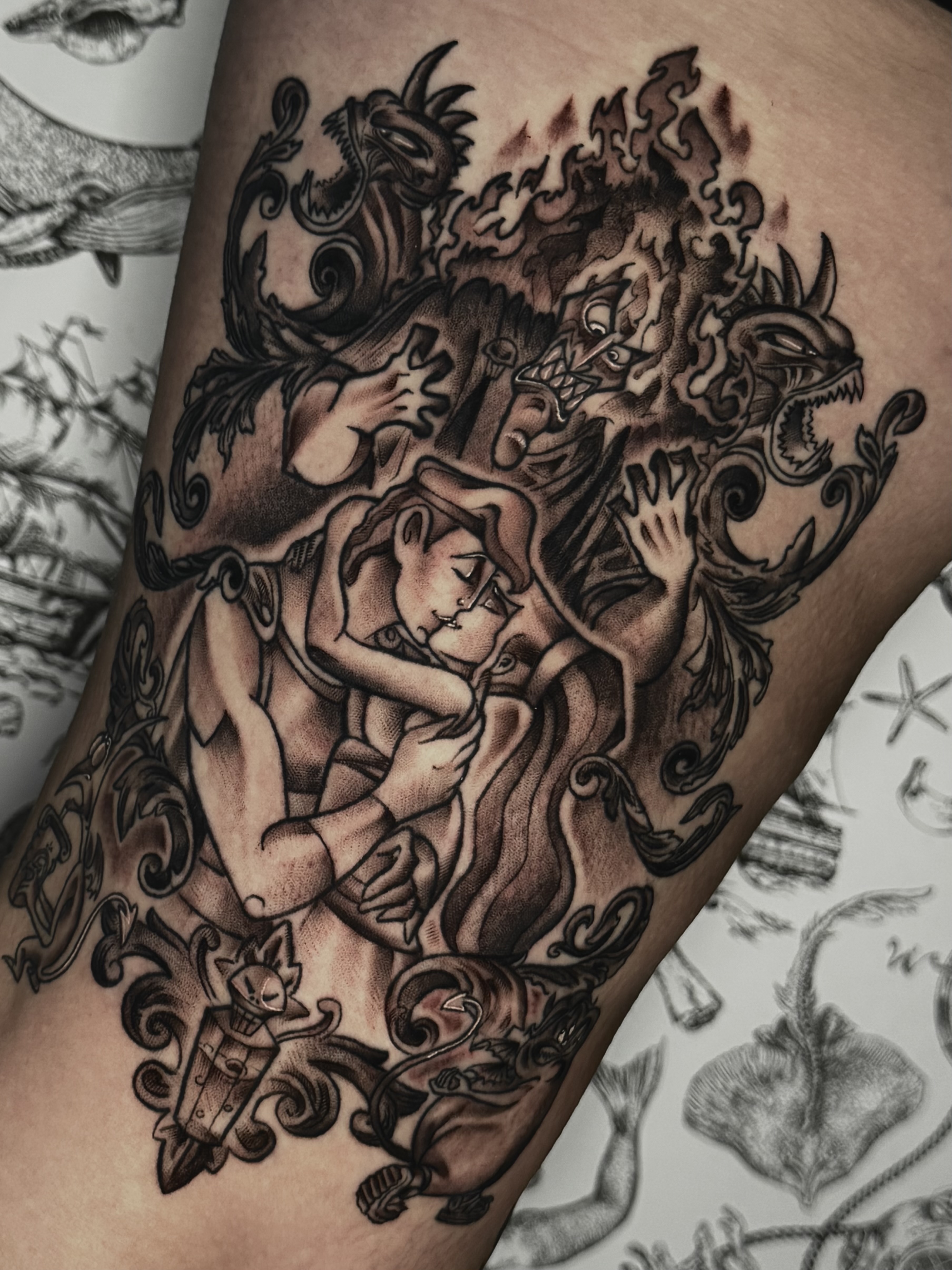 Sleeping Beauty Aurora with dragon fantasy tattoo by Julia Harley