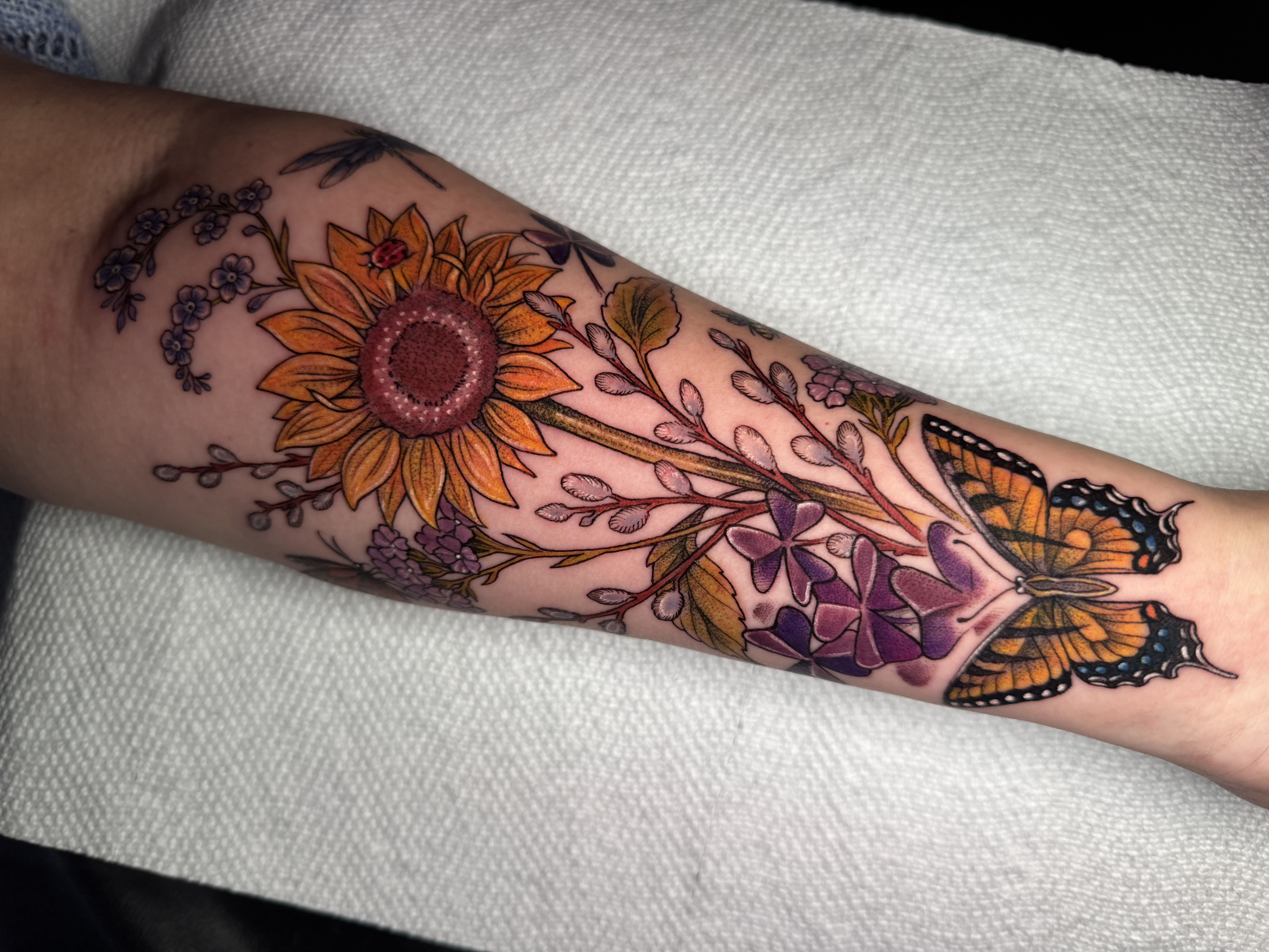 Sunflower and butterfly botanical color tattoo by Julia Harley